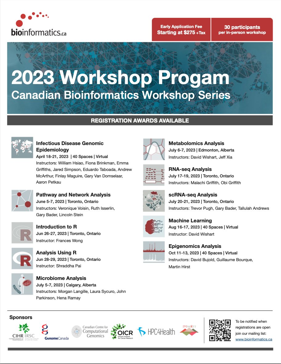 BF Francis Ouellette (@bffo) on Twitter photo The #2023 season of the Canadian #Bioinformatics #workshops series (CBW aka bit.ly/alSYDS) is now on line, and is ready to receive applicants (Some workshops virtual and others face-2-face this year):
bit.ly/3RxEIt1 The #2023 season of the Canadian #Bioinformatics #workshops series (CBW aka bit.ly/alSYDS) is now on line, and is ready to receive applicants (Some workshops virtual and others face-2-face this year):
bit.ly/3RxEIt1