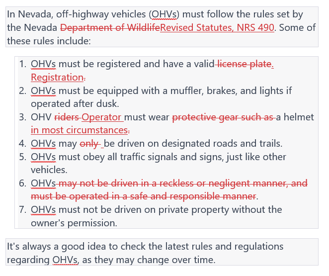 NevadaOffroad's tweet photo. We decided to try it out ChatGPT for OHV , in Nevada, and asked 
"what are the rules for Off Highway Vehicles in Nevada.
This image shows the results and the corrections we made. 

Our review.  2 out of 7 is Ok-Ish
ChatGPT is "Not ready for Prime Time " https://t.co/fMNo1zNmHk