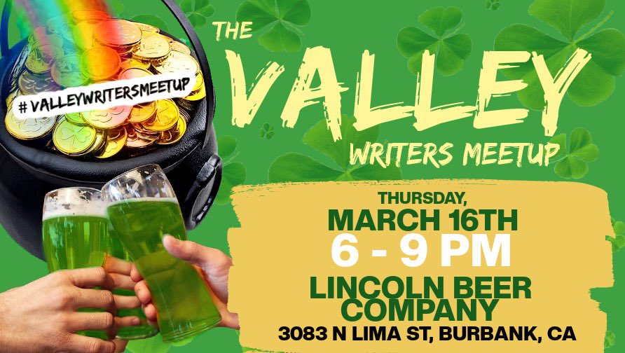 ValleyWritersMU's tweet photo. 🚨NEXT MEET-UP🚨

🍀 Thursday, March 16th 🍀
(Day Before St. Patrick’s)

🍺 Lincoln Beer Co 🍺

Come celebrate St. Patty’s Eve at our next meet up! Wear green, drink some green beer, and meet some fellow writers 💚🍀

#valleywritersmeetup https://t.co/yNoqW1fhhd