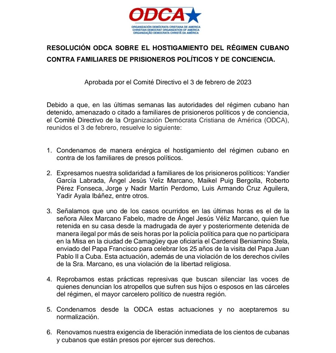 ODCA's tweet photo. Como consecuencia de que en las últimas semanas las autoridades del régimen cubano ha detenido, amenazado o citado a familiares de prisioneros políticos y de conciencia, el Comité Directivo de la ODCA, reunido el 3 de febrero, resuelve:
#SomosODCA
#ODCAConCuba https://t.co/FoNHkAWM8i