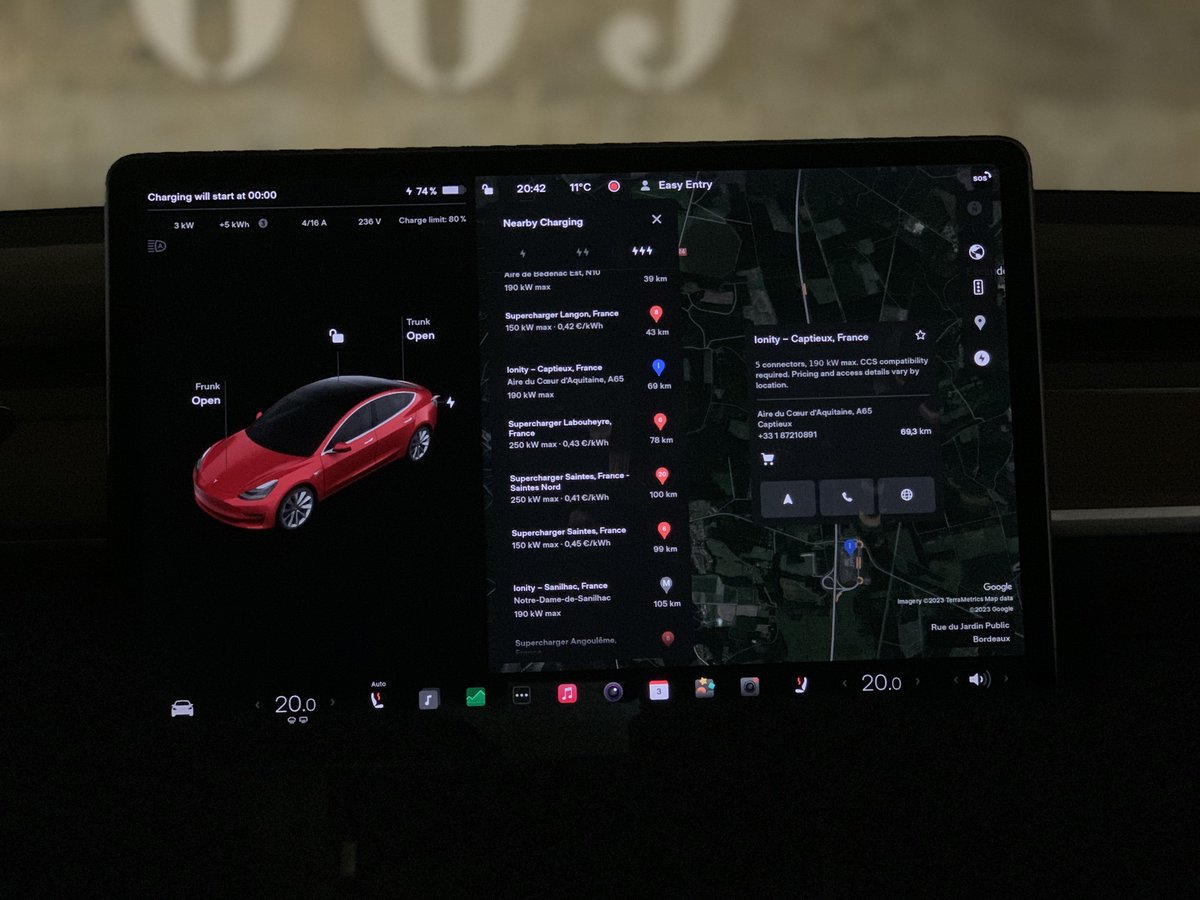 TeslaStars's tweet image. On #TeslaSoftware 2023.2.0.5, the navigation now correctly displays the maximum charging speed at 500A CCS stations as 190 kW for my Model 3, which is what I have regularly achieved 🚗🔋⚡️🤖🔌🤩👏🏻

It used to display an odd 160 kW 😐