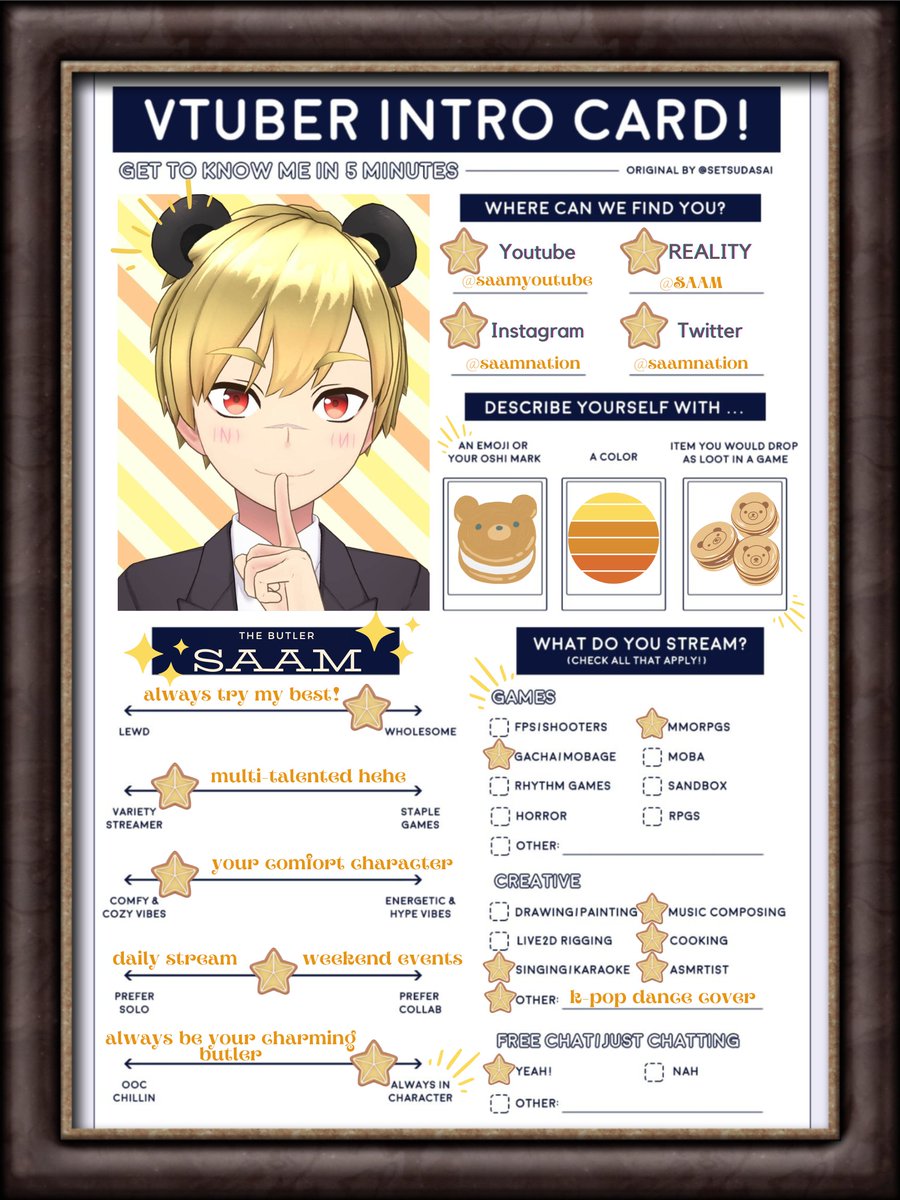 saamnation's tweet photo. Delighted to make your acquaintance, Master! Allow me to introduce myself.
- Species: Cookie Panda
- Title: The Butler
- Name: SAAM
- Icon:🍪
- Likes: Sing, make music, dance, spread kindness.
#VtubersEN #VtuberUprsing #REALITY #introcard #Butler #SAAM #panda #cookies https://t.co/Era8tKPLrC