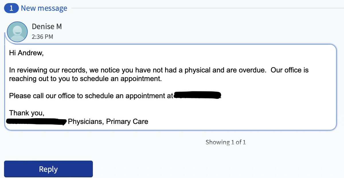 In 2023, my #PCP's office messages me in the patient portal asking me to call and schedule. Which prompts an amazing business idea: electronic scheduling software...🤦🏻‍♂️ #healthTech