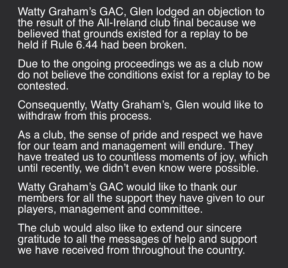 thomasniblock's tweet photo. It’s over! Glen withdraw from process &amp; All-Ireland replay. 

Statement below @BBCSPORTNI https://t.co/SCPPrL0iuF