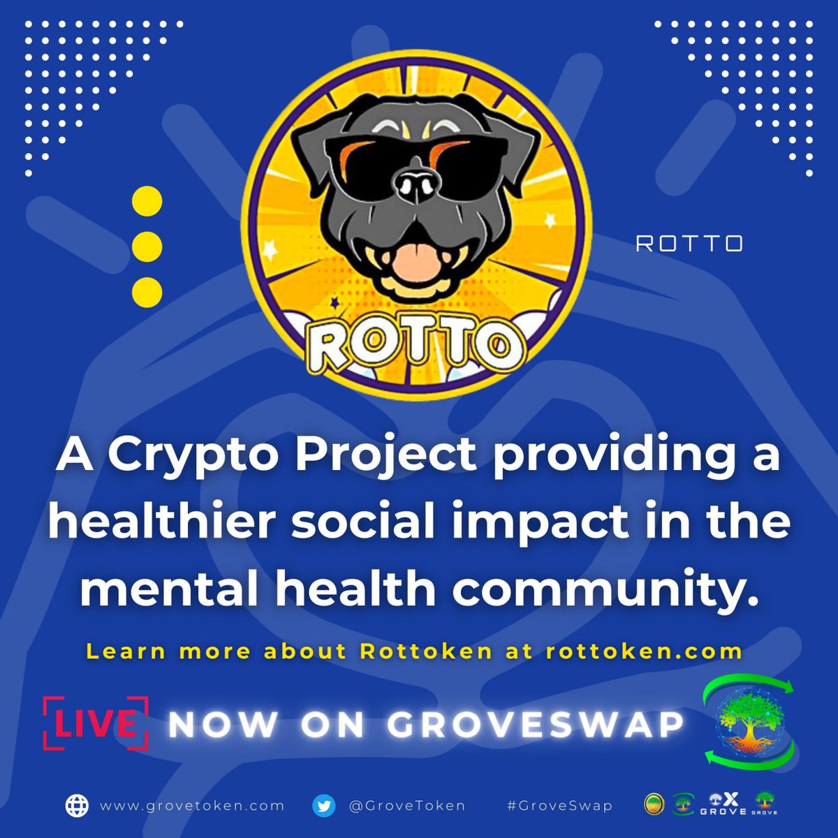 GroveToken's tweet photo. You can find @rottoken live, #BNB side on #GroveSwap right now❗️

Believing in community and social awareness to better mental health #Rottoken seeks to embrace the fun, memes and positivity of #Crypto 

We at #GroveCoin agree! 💚

https://t.co/cHNOADpiy4

https://t.co/yPHbga5lsQ https://t.co/ivLY3dkK4L