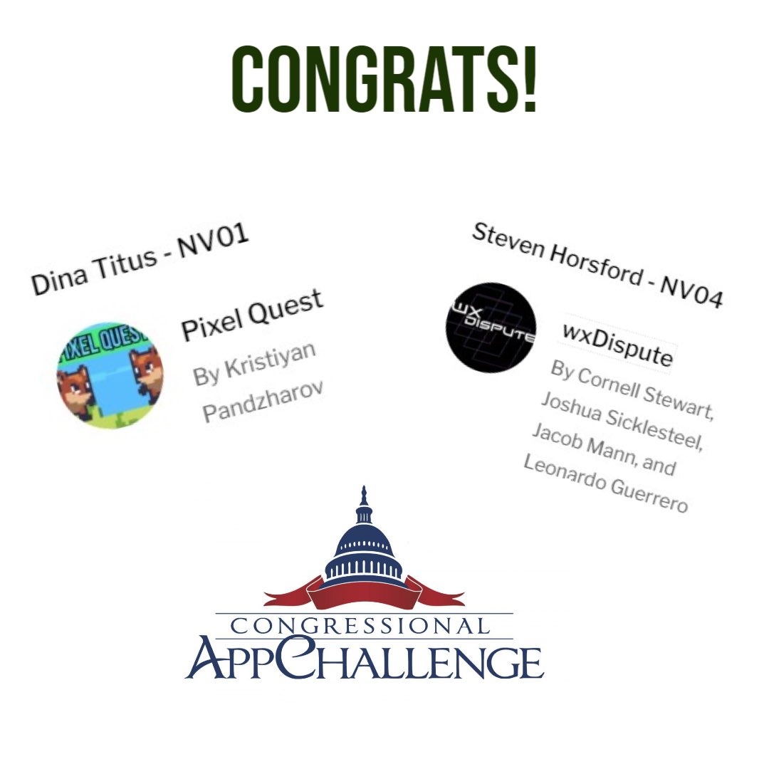 Way to go… students from @WestCareerTech & @shadowmustangs for winning the @CongressionalAC in their respective districts. #CTEMonth #Congress4CS #CareerTechEd 

@repdinatitus @RepHorsford @ClarkCountySch @NevadaReady @NVSTEMHub @SciNVtech