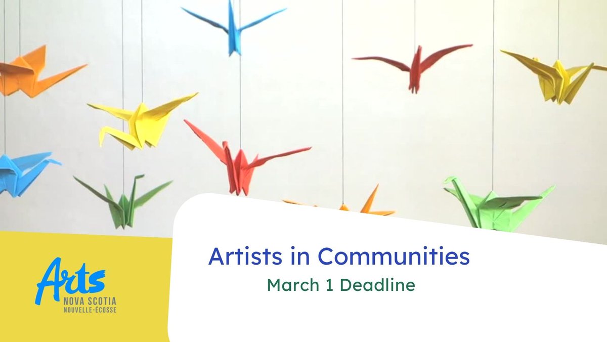 Deadline coming soon!

Artists in Communities applications are due March 1, 2023.

For guidelines and how to apply head to artsns.ca/programs/artis…