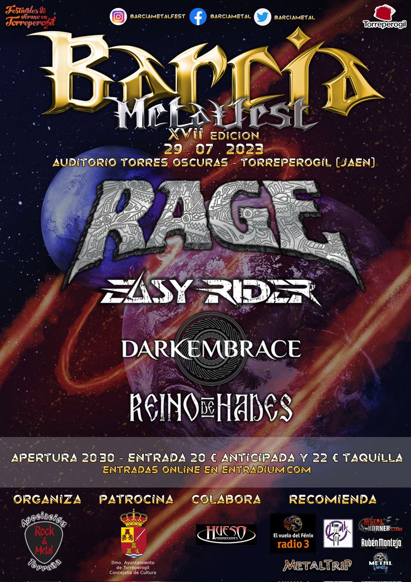 barciametal's tweet photo. Aquí va el cartel de este año, cita con el metal en Torreperogil. @_rage @DarkEmbraceBand @easyridermetal
 @Reino_de_Hades  @vuelofenix_r3 @Metalcry @Metaltrip1 @MetalKorner https://t.co/y5CjZmFHim