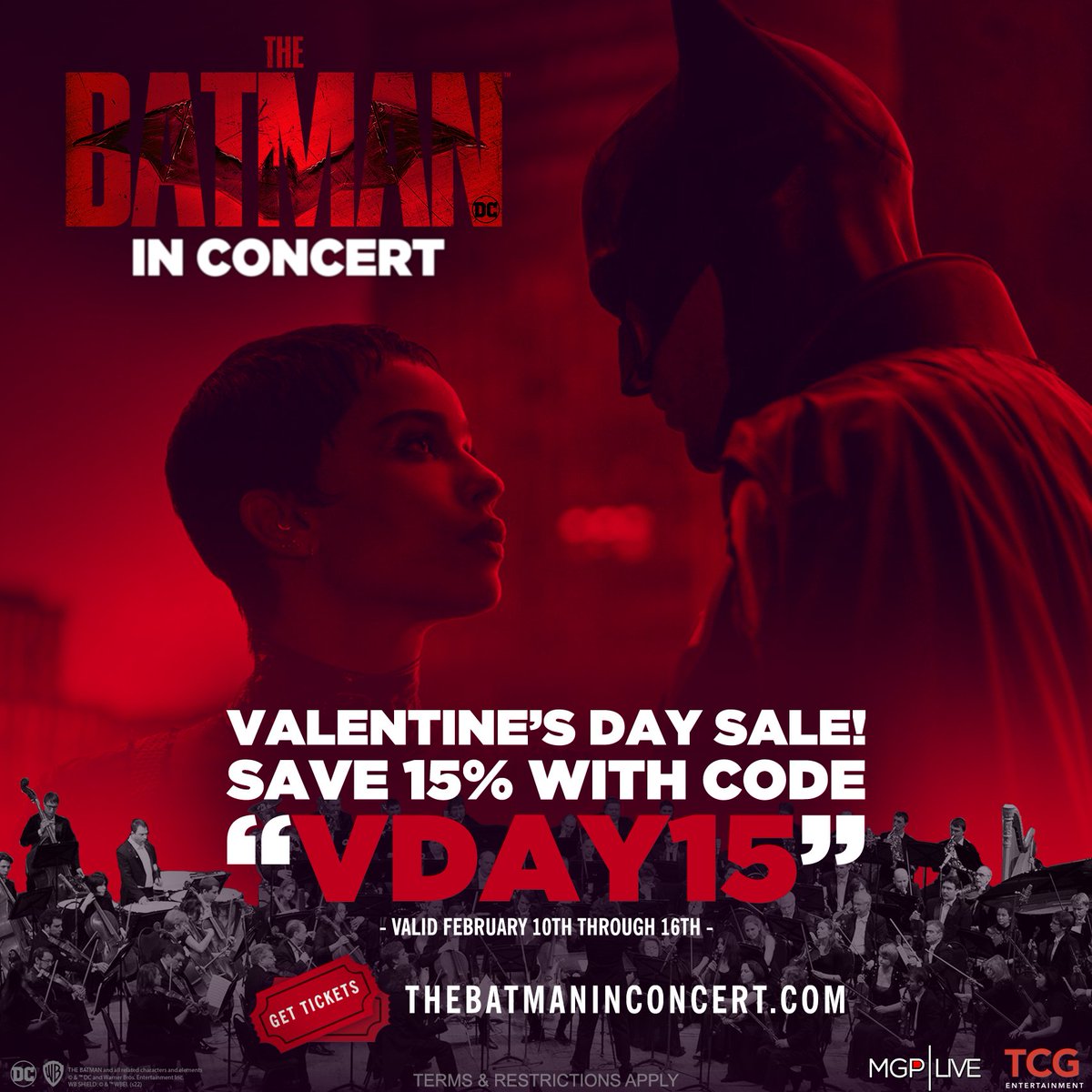 Embark on a thrilling night in Gotham City! See #TheBatmanInConcert with a live symphony orchestra performing alongside the film. From 2/10-2/16, use code “VDAY15” and get 15% off on your tickets! Tickets at: thebatmaninconcert.com