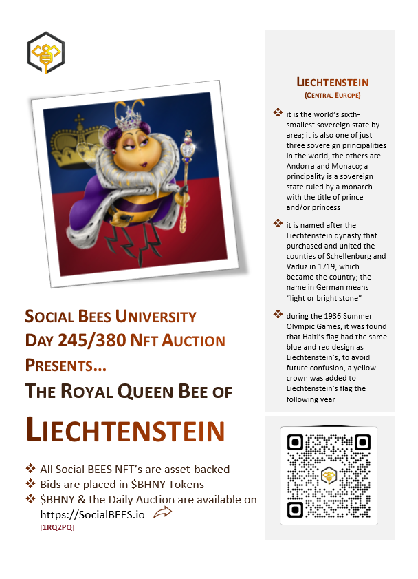 Crypto_Swarm's tweet photo. Social BEES University
Day 245/380 #NFTAuction Presents...
The Royal Queen Bee of LIECHTENSTEIN ⤵️

More info on Liechtenstein 👉 https://t.co/5EFuM4hZB0

https://t.co/wz3NmpuPYv
#SBUDAO $BHNY #ApexBEES #NFTs #BlueChipNFT #OwnerEconomy https://t.co/sRGni1mavU