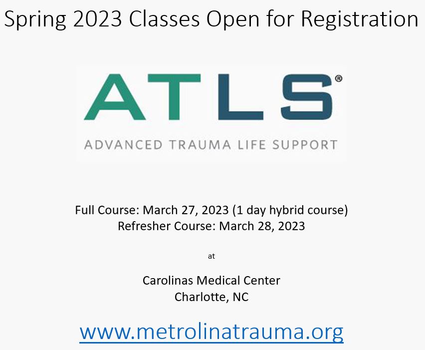 MetrolinaTrauma's tweet photo. Need #ATLS? The Spring 2023 classes at Carolinas Medical Center have been scheduled for March 27 &amp; 28. https://t.co/DBANRCza8V for registration info.

#TraumaEducation #MetrolinaTrauma #SoMe4Trauma #TraumaCenter #TraumaSurgery #AdvancedTraumaLifeSupport #EmergencyMedicine https://t.co/7str3eHCXi