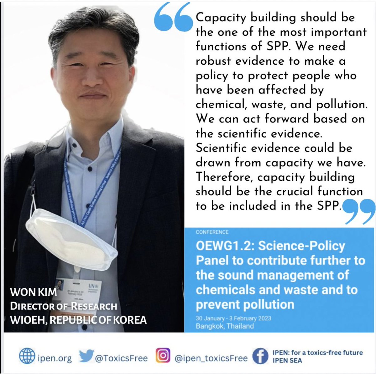 ToxicsFree's tweet photo. Dr. Won Kim of the Wonjin Institute of Occupational and Environmental Health (WIOEH) in the Republic of Korea talks about the importance of capacity building through a #SciencePolicyPanel. See more on IPEN's work at #SPP at https://t.co/dGGIAOycmK https://t.co/N8t5DlCEXC