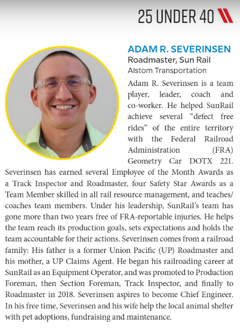 AlstomUSA's tweet photo. Congratulations to Adam Severinsen, Roadmaster with Alstom Services in Florida, who has been named one of Railway Age's "25 Fast Trackers under 40" in their February issue.
To see the issue https://t.co/8P2QnY4fS2
#TeamAlstom #NAMServices #SustainableMobility #AlstomServices https://t.co/dgMbWkxQPp