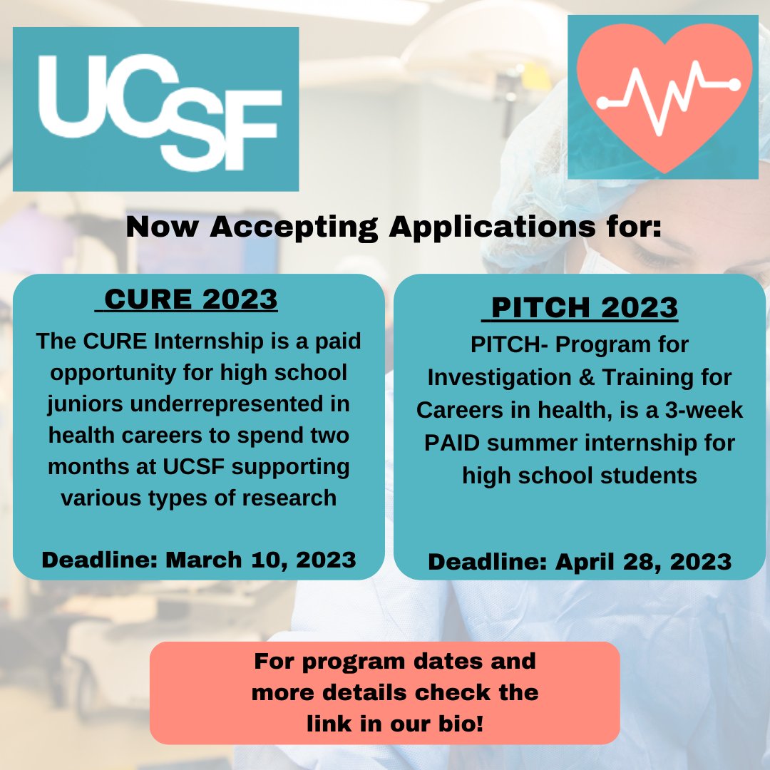Attention students! Make sure to apply early for the CURE &amp; PITCH 2023 Summer internships sponsored by <a href="/UCSF/">UC San Francisco</a> 

For applications: ow.ly/G1Jz50Iayom

#UCSF #Healthcare #Dental #Nursing #Pharmacy #careerexploration