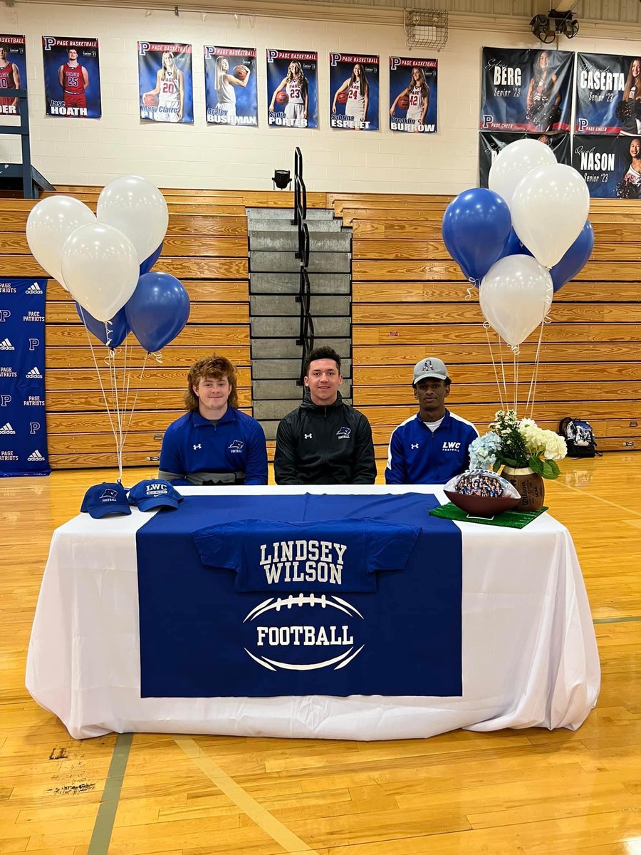 Congratulations to Jordan Rutland, Ethan Lisman and Boyce Smith on signing to play football at Lindsey Wilson. Thanks for all you did for Page Football. Best of Luck as you continue your career in college. We will be following along! #1and0 #LWCisFamily