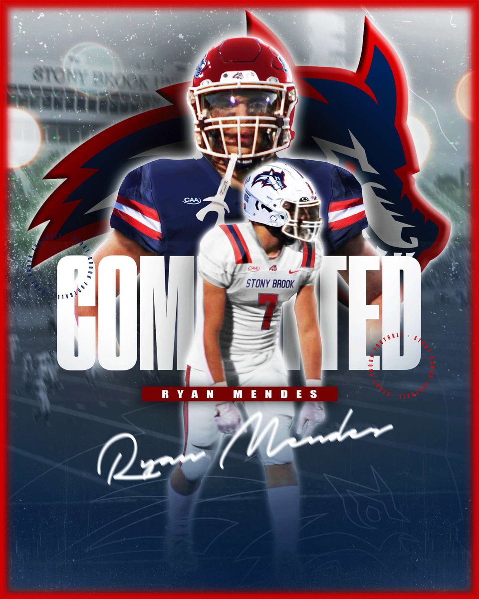 RyanMendes2023's tweet photo. COMMITTED!! Thank you to everyone at Stony Brook for believing in me, and all my coaches and family for getting me to this point! Can’t wait to get to work!🔴🔵 🐺🐺 @mhsmustangsfb @Coach_Hatch @StonyBrookFB https://t.co/iEz5tE3osh