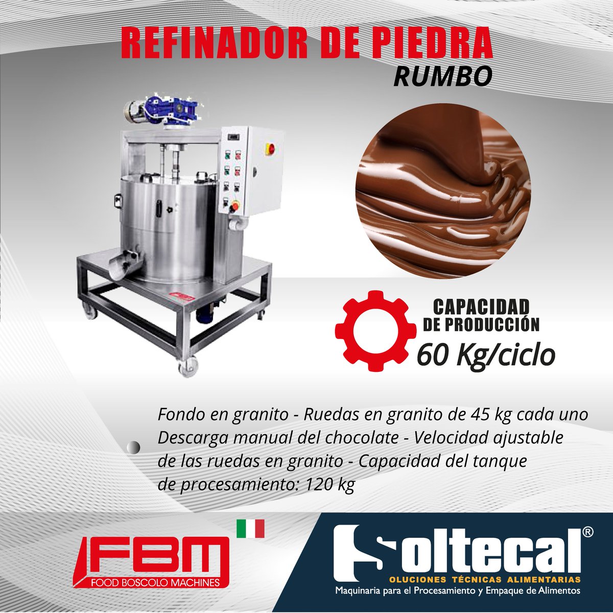 SOLTECAL's tweet image. La lenta molienda/refinación y posterior mezclado producido por RUMBO hacen que el cacao no se sobrecargue dando como resultado final una excelente plasticidad y fluidez.

#temperingmachine #chocolatemachine #beantobar #cacaoychocolate
