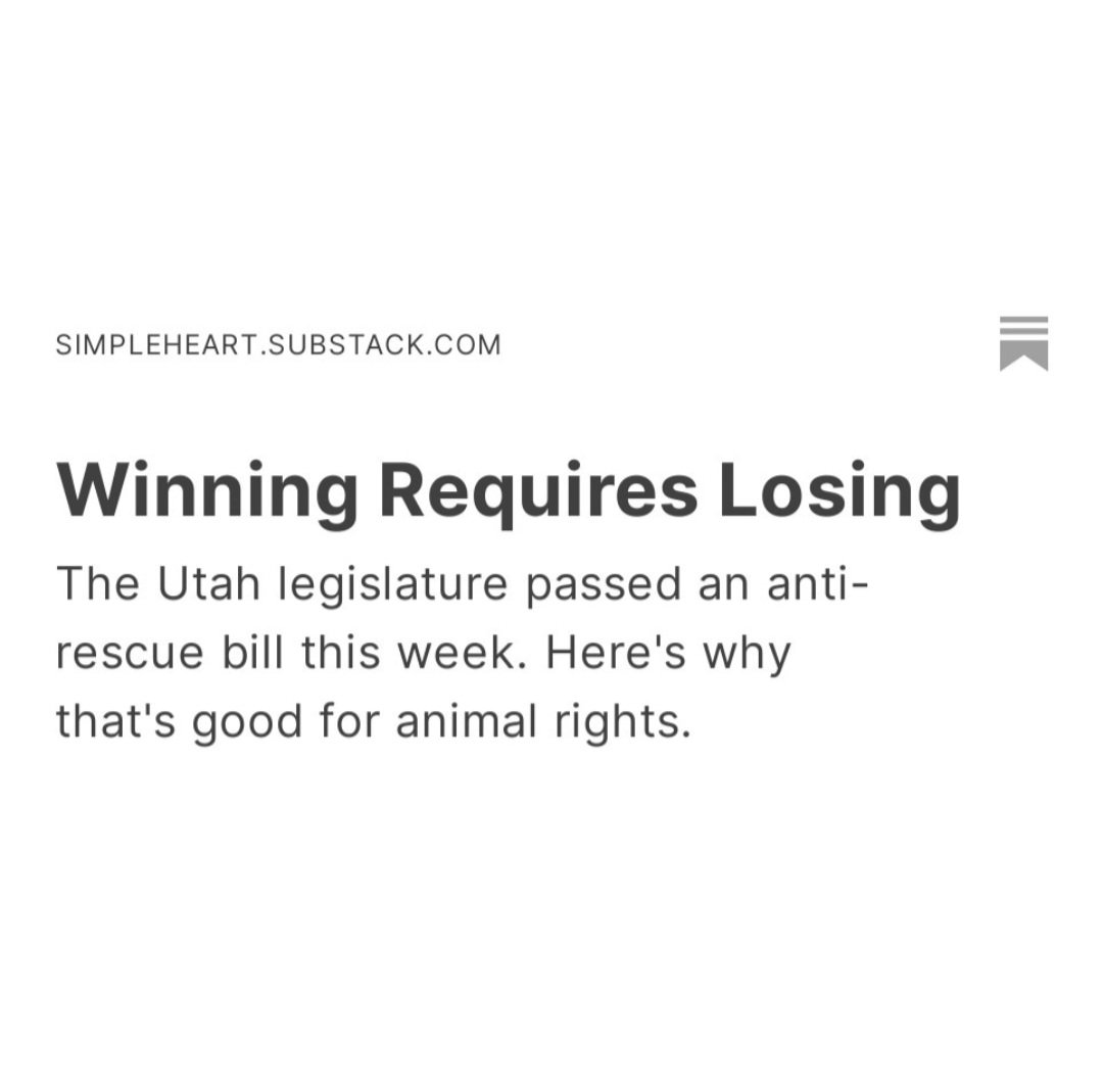 What does Utah's #AntiRescueBill mean for the animal rights movement?
Read 'Winning Requires Losing'
By Wayne Hsiung:
simpleheart.substack.com/p/winning-requ…
#Utah #HB114 #OpenRescue #RightToRescue #AnimalRescue #Animals #Rescue #AnimalRights #AnimalLiberation
