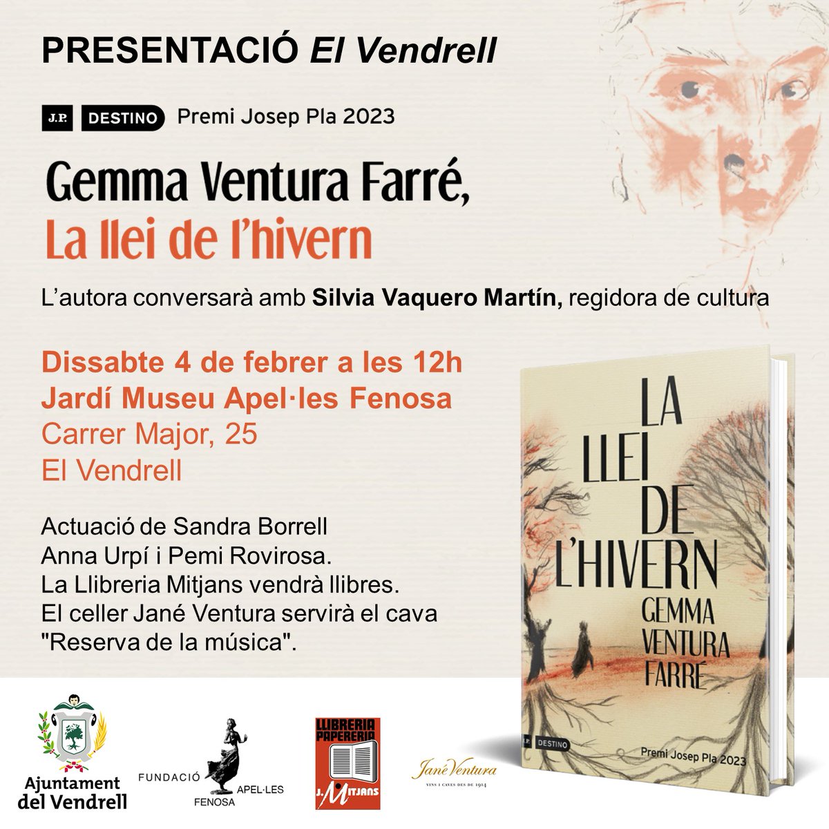 Grup62's tweet photo. 📅 Sense pla per dissabte? Demà 4 de febrer, @GemmaVentura90 presenta ‘La llei de l’hivern’, #PremiJosepPla 2023: 

⏱️ 12h
📍 Jardí Museu Apel·les Fenosa, #ElVendrell
🗣️ Conversa amb @Sivama1
🙌Actuació de Sandra Borrell, Anna Urpí i Pemi Rovirosa

➡ Us hi esperem!
@museufenosa https://t.co/pyUTHd5vHW