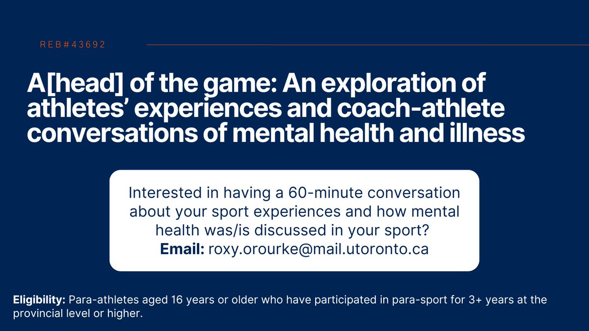 Roxy Helliker O'Rourke (@roxyhorourke) on Twitter photo Officially recruiting for my dissertation! If you are a #parasport #athlete who has participated for 3+ years at a Provincial level (or higher), I would love to chat with you! You will receive a $25 gift card for your time. Officially recruiting for my dissertation! If you are a #parasport #athlete who has participated for 3+ years at a Provincial level (or higher), I would love to chat with you! You will receive a $25 gift card for your time.