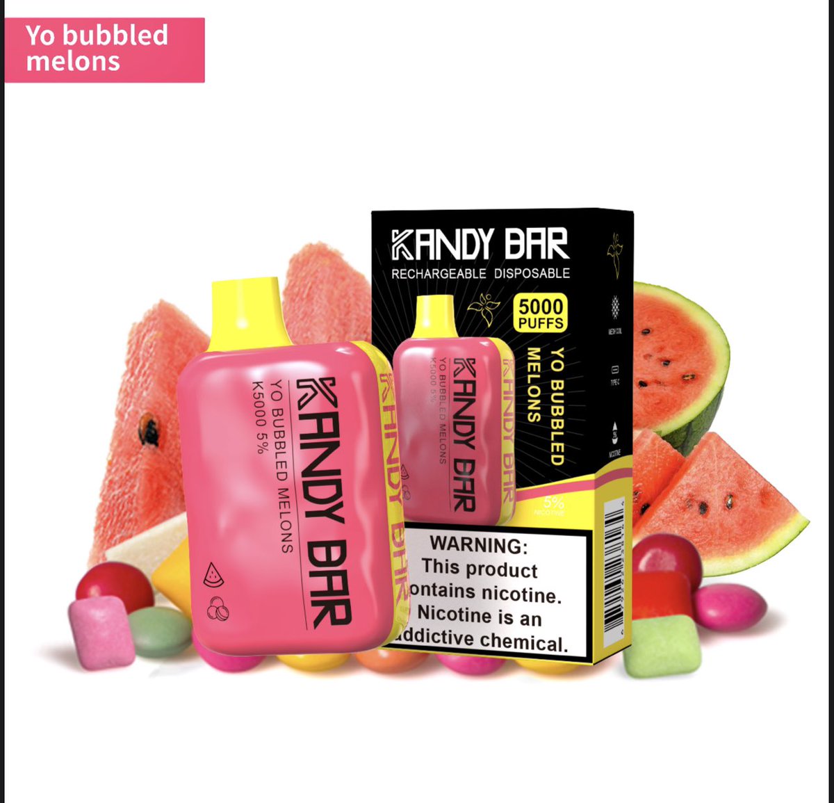 kandybarvape's tweet photo. Indulge in a juicy burst of flavor with Kandy Bar's 5000 puff Yo Bubbled Melons disposable vape! Get ready for a sweet and satisfying vape experience. #KandyBar #DisposableVape #YoBubbledMelons #FlavorExplosion 💨🍉 https://t.co/VGWCAwfCdM