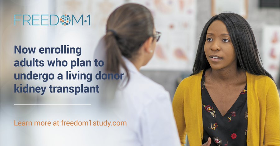 The #FREEDOM1 trial is enrolling individuals seeking a #livingdonor #kidneytransplant. Curious if you or a loved one might qualify? Find out by taking a short quiz: bit.ly/3HKm0uM

#kidneys #organdonation #antirejection #transplantlife