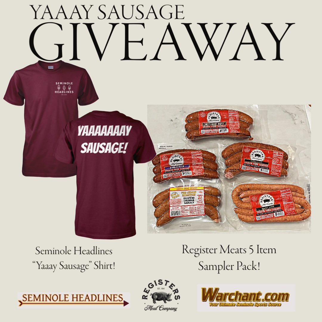 YAY SAUSAGE GIVEAWAY!
To celebrate the Super Bowl next weekend, we’re giving away a pre-released <a href="/NolesHeadlines/">Seminole Headlines</a> ‘Yay Sausage!’ Shirt &amp; a 5 Item Sampler pack! Just RT to enter! 

Winner announced Tuesday, Feb. 7th on Headlines! <a href="/IraSchoffel/">Ira Schoffel</a> <a href="/JCameronShow/">Jeff Cameron Show</a> <a href="/Corey_Clark/">Corey Clark</a>