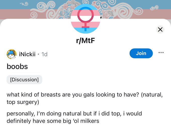 Transwomen debate whether or not they need &ldquo;big &lsquo;ol milkers&rsquo; boob jobs- LIFESAVING surgeries, remember<a href="/tag/sad"class="tags"><span>#sad</span></a><a href="/tag/transrights"class="tags"><span>#transrights</span></a><a href="/tag/terfs"class="tags"><span>#terfs</span></a><a href="/tag/twam"class="tags"><span>#twam</span></a><a href="/tag/transgenocide"class="tags"><span>#transgenocide</span></a>