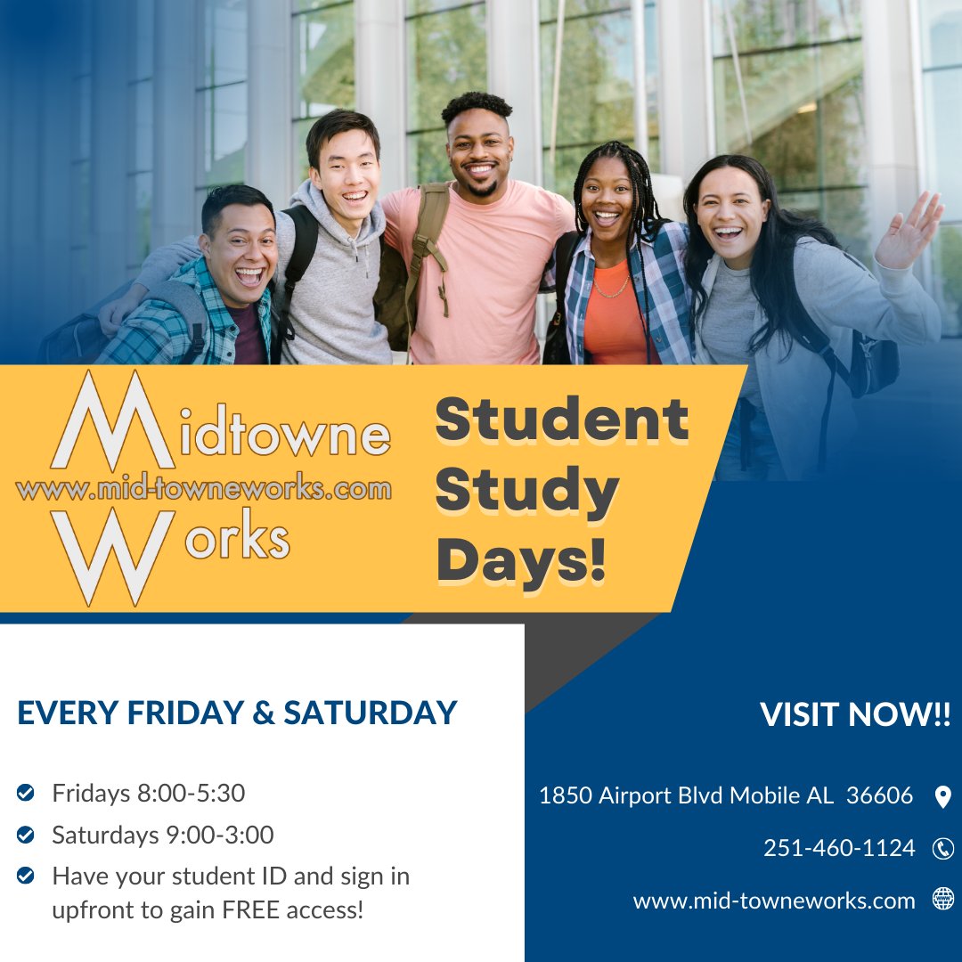 midtowneworks's tweet photo. It's here! Student Study Days are back today! 

Stop by today before we close at 5:30pm or come by tomorrow any time from 8:00am to 3:00pm! Make sure to bring your student ID! We will have the WiFi, coffee, &amp; quiet space available FOR FREE!

#studentstudydays #springsemester https://t.co/RtV85FHQXY