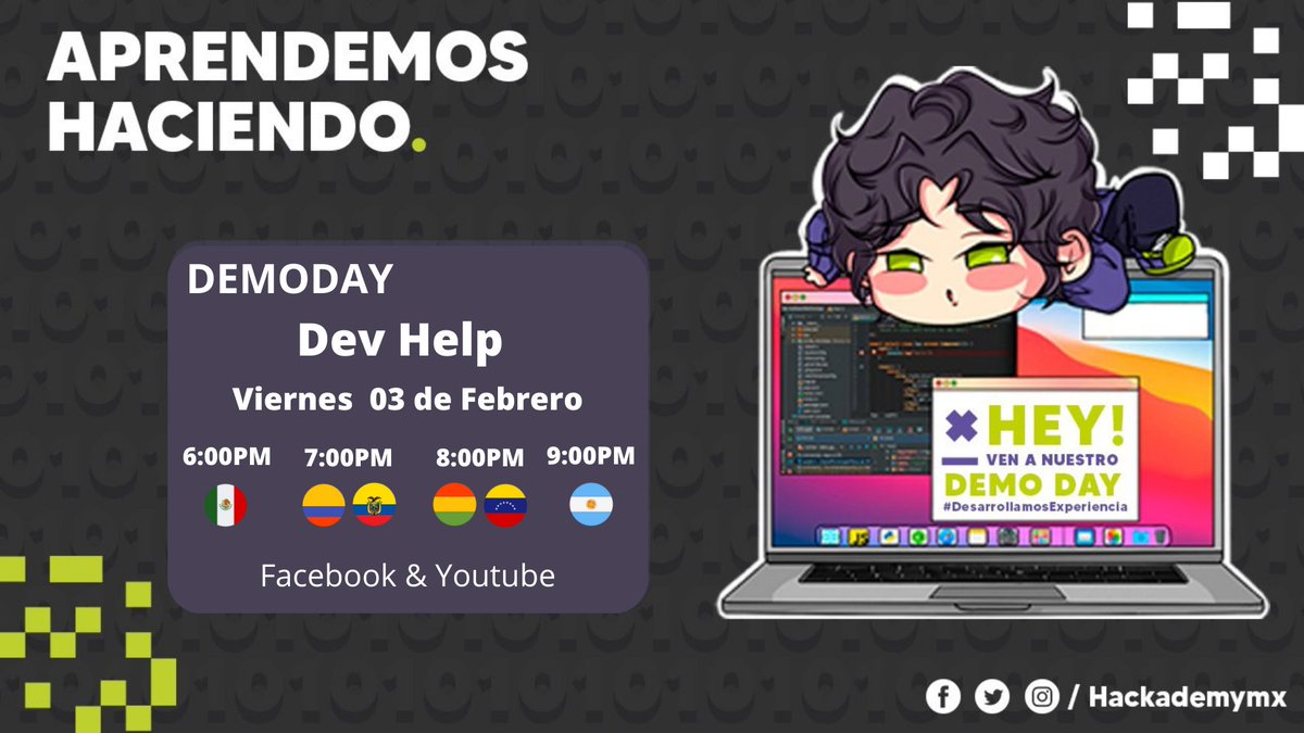 Segundo día de Demos en #Hackademy con los #padawans que nos mostrarán el proyecto que desarrollaron en el bootcamp 😎

🔗bit.ly/3l6FwJl
📅Viernes 03 de Febrero
⏱️6:00 pm hora cdmx