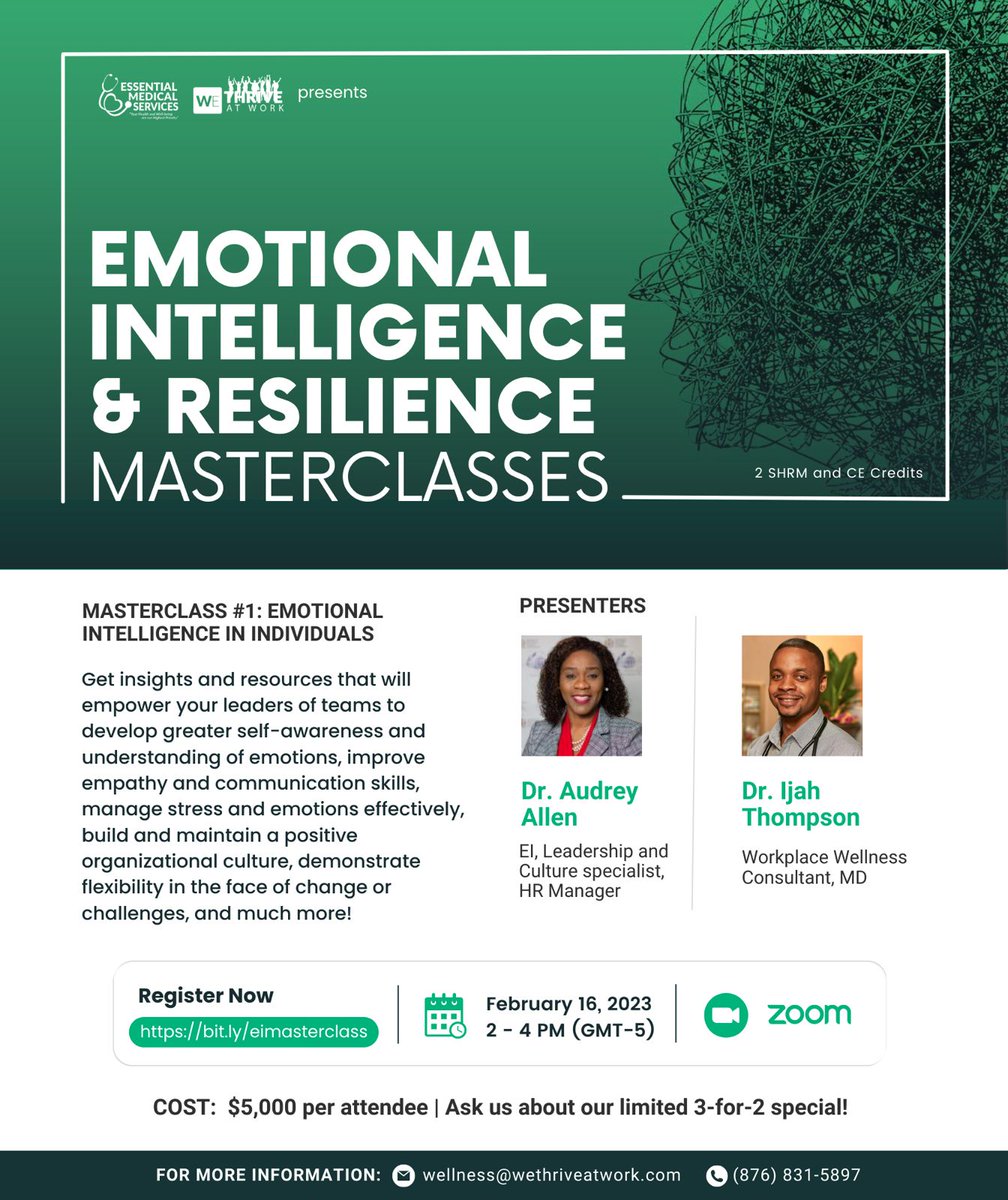 🧠Empower your leaders to navigate workplace challenges with greater efficiency through Emotional Intelligence!

🗓️  Join our Leadership Masterclass on Feb. 16, 2 - 4 PM (GMT-5)

🎟️ Register here: bit.ly/eimasterclass
Adm: $5000 JMD
Ask us about our limited 3-for-2 special!