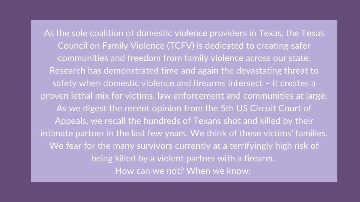 TexasCouncilFV's tweet photo. Domestic violence and firearms are a proven lethal mix. Here is our statement in response to the recent Fifth Circuit Court of Appeals ruling. https://t.co/TY3jS8sePk