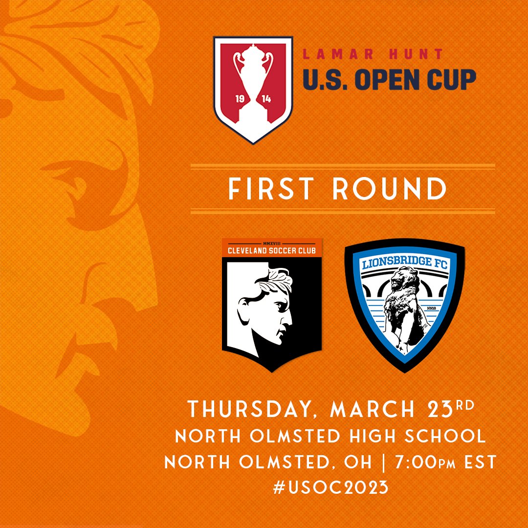For the second year in a row, we are hosting the First Round of the <a href="/opencup/">U.S. Open Cup</a>! On Thurs, March 23rd we welcome <a href="/LionsbridgeFC/">Lionsbridge FC</a>  from Newport News, Virginia at North Olmsted High School #WeAreCLE #USOC2023 » ussoc.cr/wj7