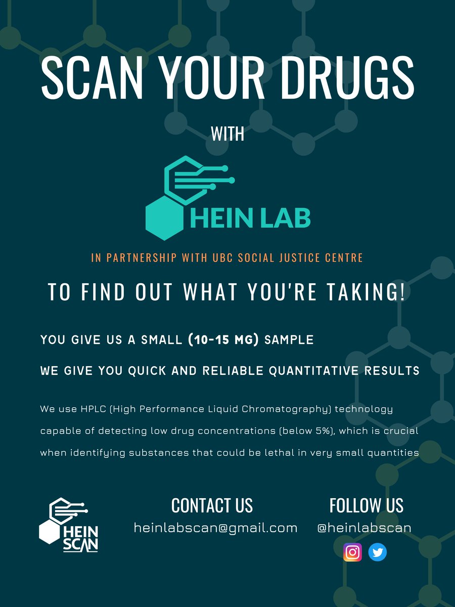 We only need to SCAN a very small sample of your drugs using the best technology out there to be able to tell you what's going inside your body! #knowledgeispower😉 
#harmreduction #drugchecking #hplc #accessible #timely #reliable #safe #ubc #heinlab