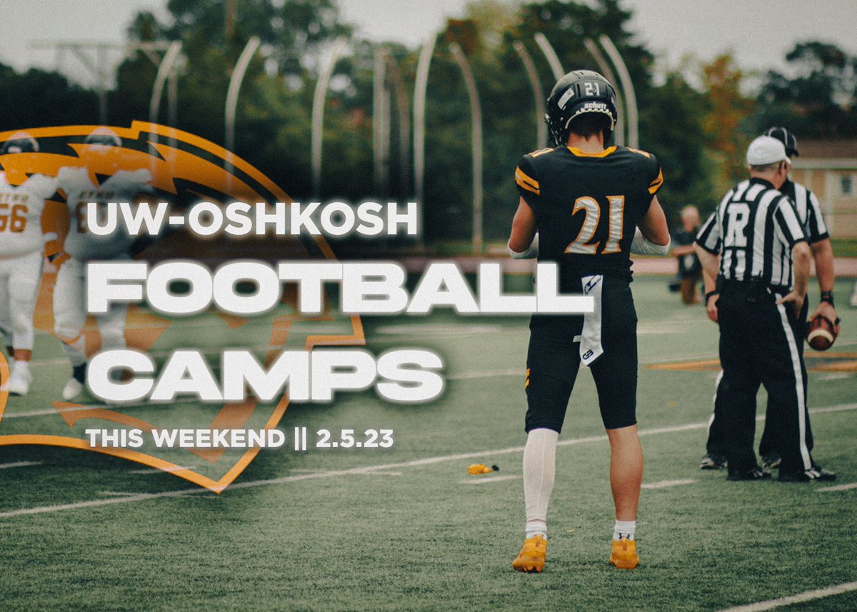 This weekend, <a href="/UWOFootball/">UW-Oshkosh Football</a> Camps are back with multiple options for 𝗯𝗼𝘁𝗵 𝘆𝗼𝘂𝘁𝗵 𝗮𝗻𝗱 𝗵𝗶𝗴𝗵 𝘀𝗰𝗵𝗼𝗼𝗹 𝗮𝘁𝗵𝗹𝗲𝘁𝗲𝘀!

Sign-up today to secure your spot! 

🔗bit.ly/TitanFootballC…

#Come2TheVall3y || #24KaratGold