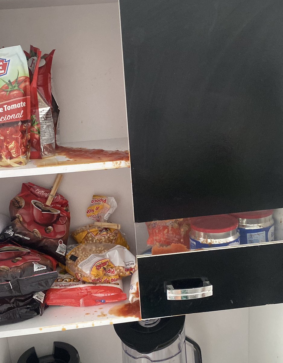 nanndagaby's tweet photo. Quando eu digo que o Hell de Janeiro não é pra amadores:

O molho de tomate simplesmente explodiu dentro do armário por conta do calor 🤦🏻‍♀️ https://t.co/qKGet0eGq2