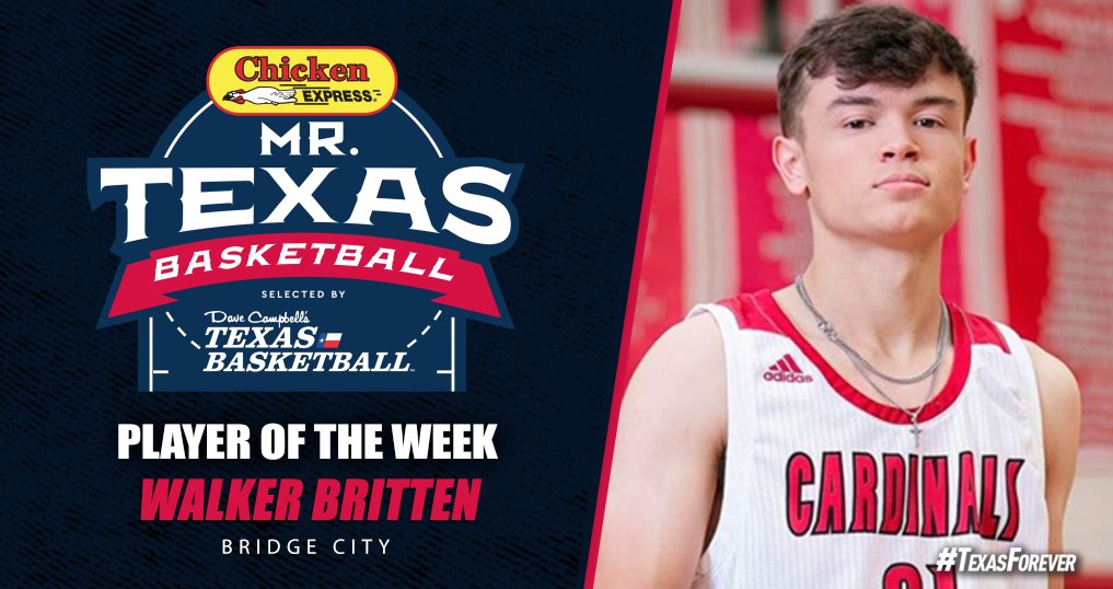 Dave Campbell's Texas Basketball (@dctbasketball) on Twitter photo Congratulations to our Week 12 <a href="/Chicken_Express/">Chicken Express</a> Mr. Texas Basketball Player of the Week, Walker Britten of Bridge City!
Walker had 27 points (7 3-pointers), 3 rebounds, 4 assists, and 2 steals vs Jasper
<a href="/BridgeCityISD/">Bridge City ISD</a> <a href="/BridgeCityHoops/">Bridge City Hoops</a> #txhshoops Congratulations to our Week 12 <a href="/Chicken_Express/">Chicken Express</a> Mr. Texas Basketball Player of the Week, Walker Britten of Bridge City!
Walker had 27 points (7 3-pointers), 3 rebounds, 4 assists, and 2 steals vs Jasper
<a href="/BridgeCityISD/">Bridge City ISD</a> <a href="/BridgeCityHoops/">Bridge City Hoops</a> #txhshoops