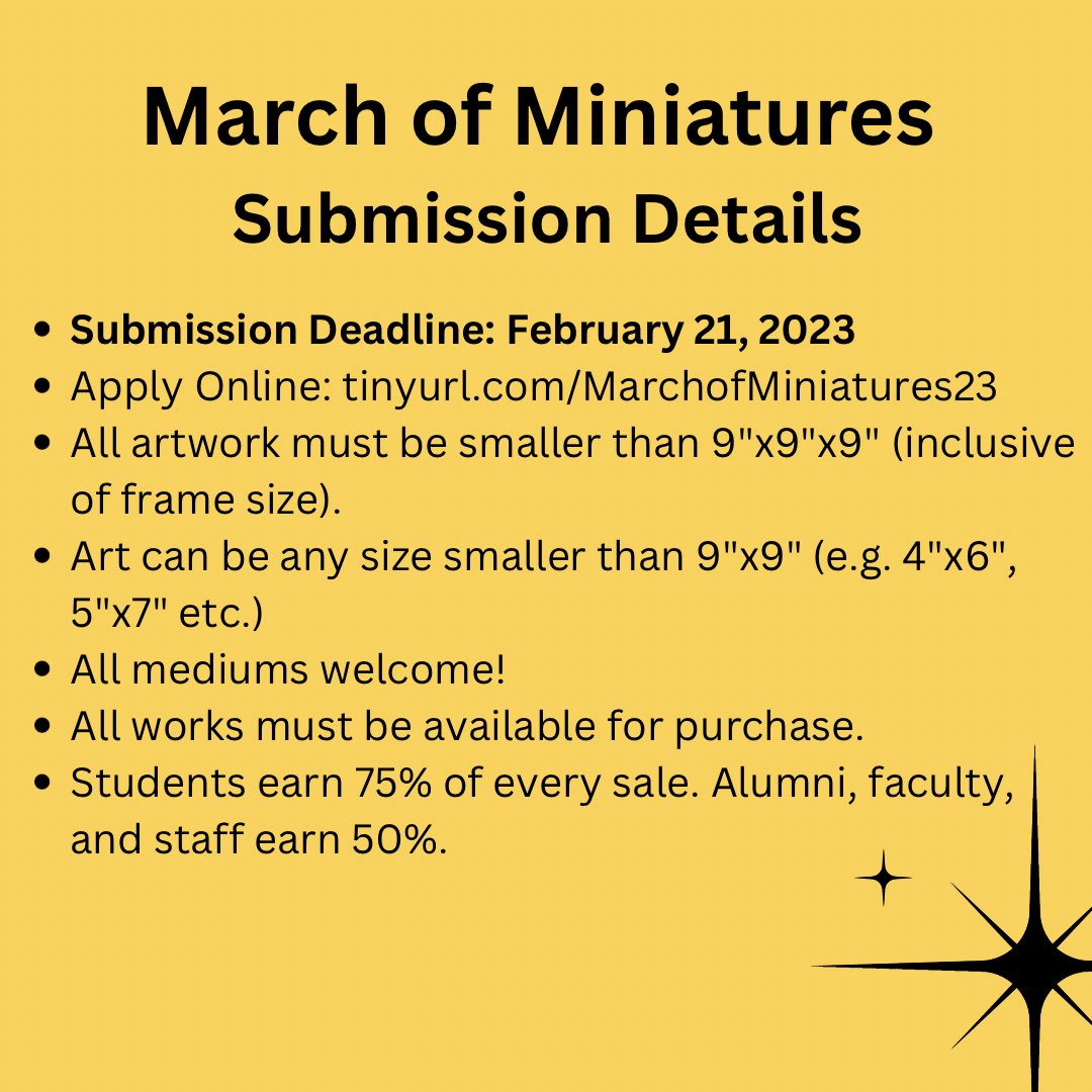 Call for Work for Columbia College Chicago current student, graduated alumni, faculty, and staff artists to contribute work that is miniature in size for March of Miniatures

Deadline: 2/21/23
Apply Online: tinyurl.com/MarchofMiniatu…
#ShopColumbia #ColumbiaChi #MarchOfMiniatures2023
