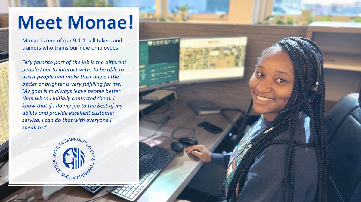 seattlecaredept's tweet photo. ⭐️ Meet Monae! ⭐️

Monae is one of our 9-1-1 call takers and trainers at the CSCC. She is coming up on 1 year at the CSCC! 📞📱☎️ 

#IAM911 #employeespotlight #seattlecscc #seattlewashington #seattle911 #seattle https://t.co/3ImsTerMc4