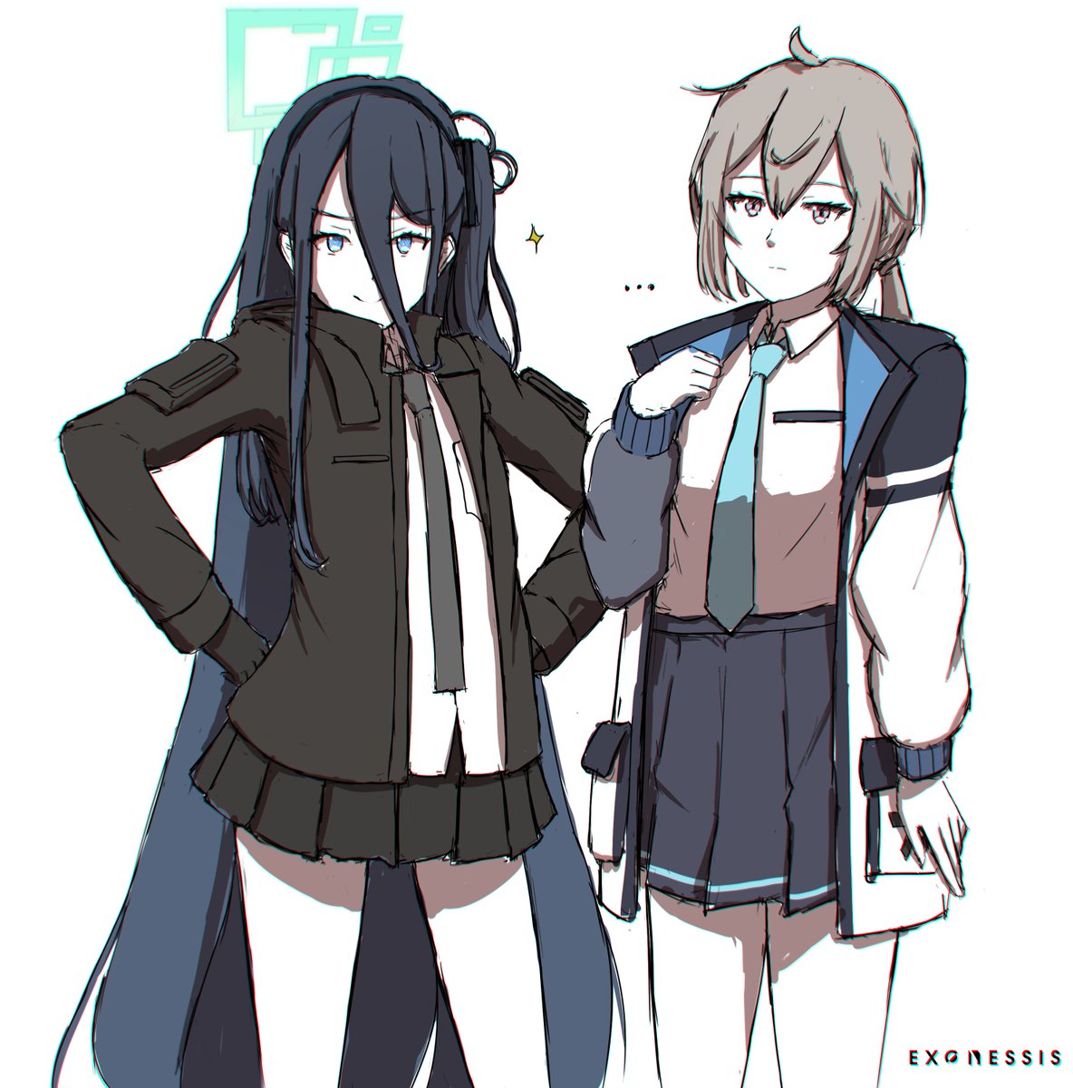 aris (blue archive) ,m200 (girls' frontline) multiple girls 2girls necktie costume switch skirt jacket long hair  illustration images