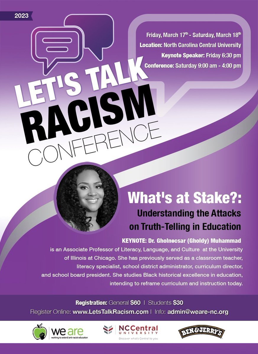 DudleyFloodCtr's tweet photo. If you haven't already make sure you register for this amazing conference. 

This year's theme is What's at Stake?: Understanding the Attacks on Truth-Telling in Education. 

https://t.co/zp8CsqXk88

#FloodEquity #TruthinEducation https://t.co/lm3nqgSVsS