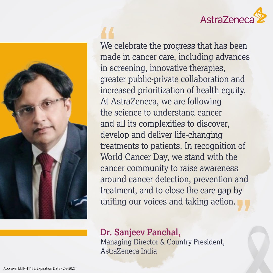 AstraZenecaIn's tweet photo. On #WorldCancerDay, here’s what the leaders at AstraZeneca India want to share, our vision for cancer prevention and our bold ambition. Together, we can make a difference. #ScienceCan #BoldAmbition #WhatScienceCanDo #AwarenessEnsuresPrevention https://t.co/nou8cluwhC