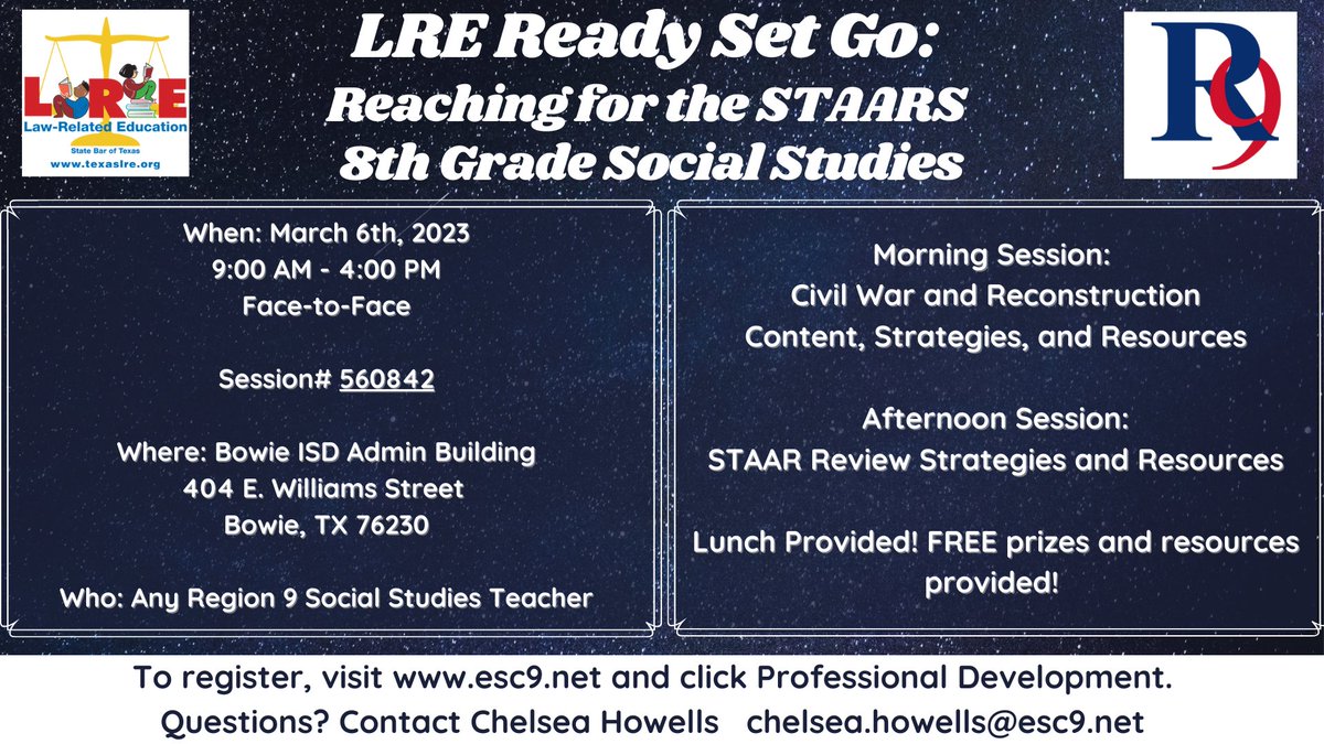 Hey #8thGrade are you looking for some 
<a href="/Texas_LRE/">Texas LRE</a>
 this spring? Join us in Bowie TOMORROW, March 6th for Ready, Set, Go! Spaces are limited so register here!
escweb.net/tx_r9/catalog/…