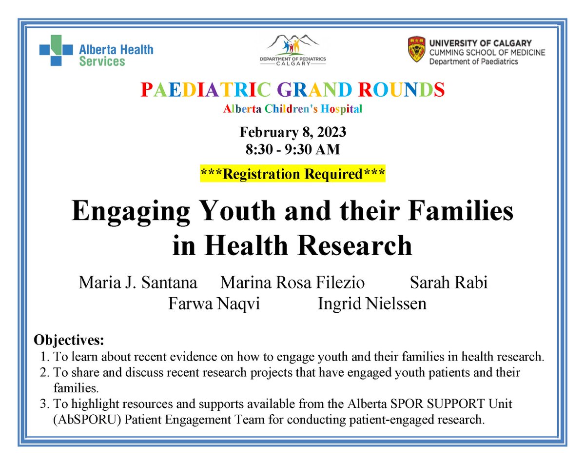 Join the AbSPORU Patient Engagement Team as they share our youth engagement considerations projects at the Paediatric Grand Rounds bright and early 8 am MT  Wednesday Feb 8!
Register here:
albertahealthservices.zoom.us/meeting/regist…