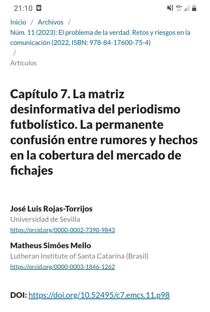 José Luis Rojas Torrijos (@rojastorrijos) on Twitter photo La línea divisoria borrosa entre la información y el rumor en la cobertura del mercado de fichajes de fútbol. Ya en acceso abierto este estudio realizado junto a <a href="/DrMatheusMello/">Matheus Mello</a>
…jodemonografias.comunicacionsocial.es/article/view/5… La línea divisoria borrosa entre la información y el rumor en la cobertura del mercado de fichajes de fútbol. Ya en acceso abierto este estudio realizado junto a <a href="/DrMatheusMello/">Matheus Mello</a>
…jodemonografias.comunicacionsocial.es/article/view/5…