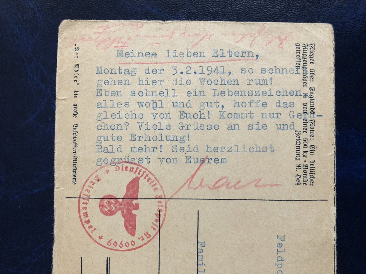 letters_past's tweet image. #OTD 82 years ago, in 1941, this censored #Feldpost Luftwaffe propaganda postcard was sent from FP 00969 (Stab Luftwaffe Bau-Regiment 5/XI) to Arnstadt🇩🇪 cancelled with a red censorship Briefstempel 

#philately #postalhistory #stampcollecting #stamps #WWII #luftwaffe
