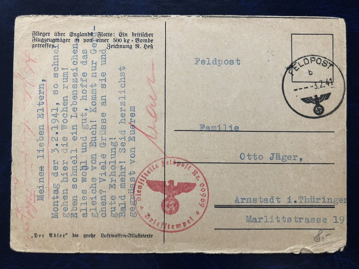 letters_past's tweet image. #OTD 82 years ago, in 1941, this censored #Feldpost Luftwaffe propaganda postcard was sent from FP 00969 (Stab Luftwaffe Bau-Regiment 5/XI) to Arnstadt🇩🇪 cancelled with a red censorship Briefstempel 

#philately #postalhistory #stampcollecting #stamps #WWII #luftwaffe