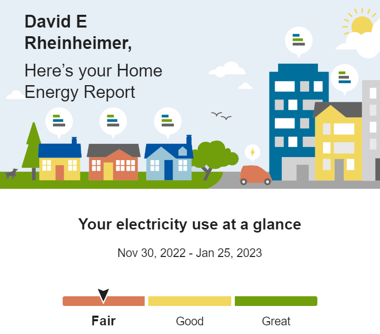 DavidRheinheim's tweet photo. Dear Pasadena Water &amp; Power, @PWPnews: 1) Subtracting out my EV, which you partly subidized, puts me well within "Great" e-use + 2) You promote more e-use in the very same email (to reduce my carbon footprint, while you're using 50% coal) = mixed messages (DM me for help) https://t.co/mnYzpJy8Ho