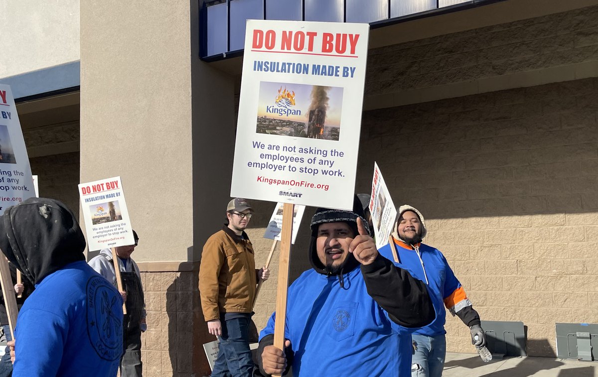 cleanupkingspan's tweet photo. SMART Local 100 members were out in force at #loweshomeimprovement in D.C. earlier this week, talking with customers about why they should think twice before buying #Kingspan insulation.
#kingspanonfire #cleanupkingspan #solidarityforever #justiceforgrenfell💚💚💚 https://t.co/Q5j4oXlNBB