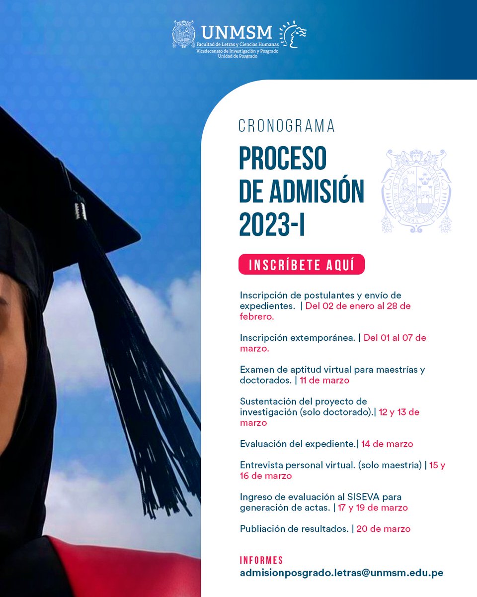 PGLetras_UNMSM's tweet photo. Cronograma 2023 - Proceso de Admision #PosgradodeLetrasUNMSM https://t.co/aVUdWFkztS